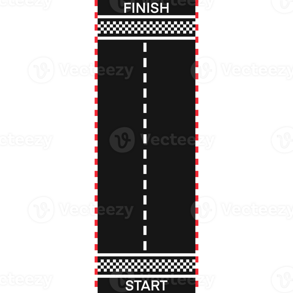 Race track with start and finish lines, dashed center line and checkered side borders, png