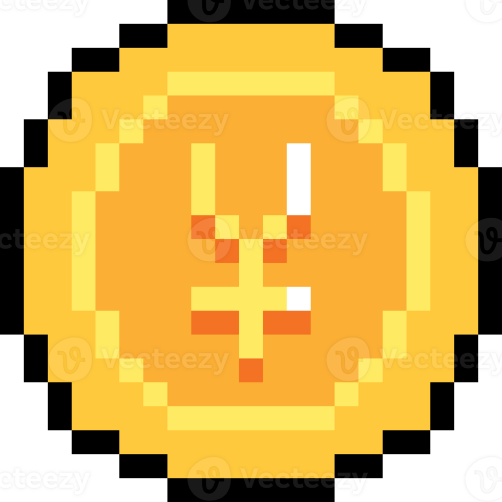 Pixel art coin with Japanese Yen symbol on golden background. retro 8-bit style currency icon png