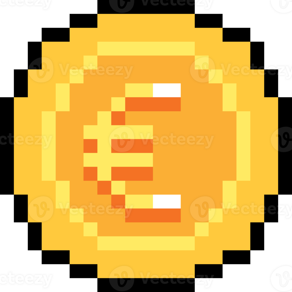 Pixel art coin with Euro symbol. 8-bit style retro currency icon for game design png