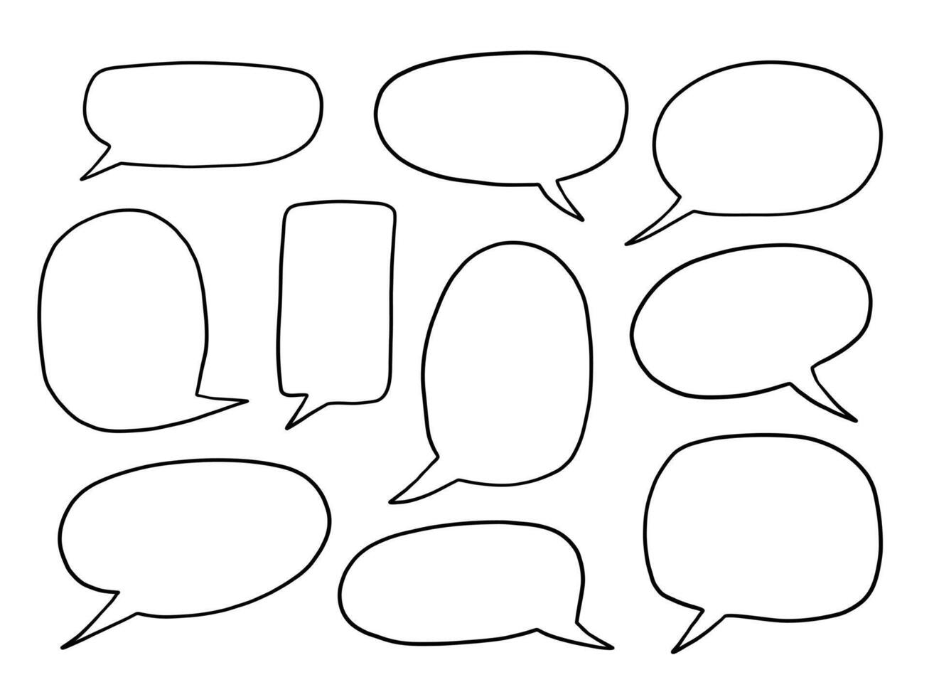 Line Art Comic Speech Bubble Outline. A playful collection of hand drawn speech bubble outlines in various shapes including oval and balloon styles. Perfect for comics quotes chats and message frames vector