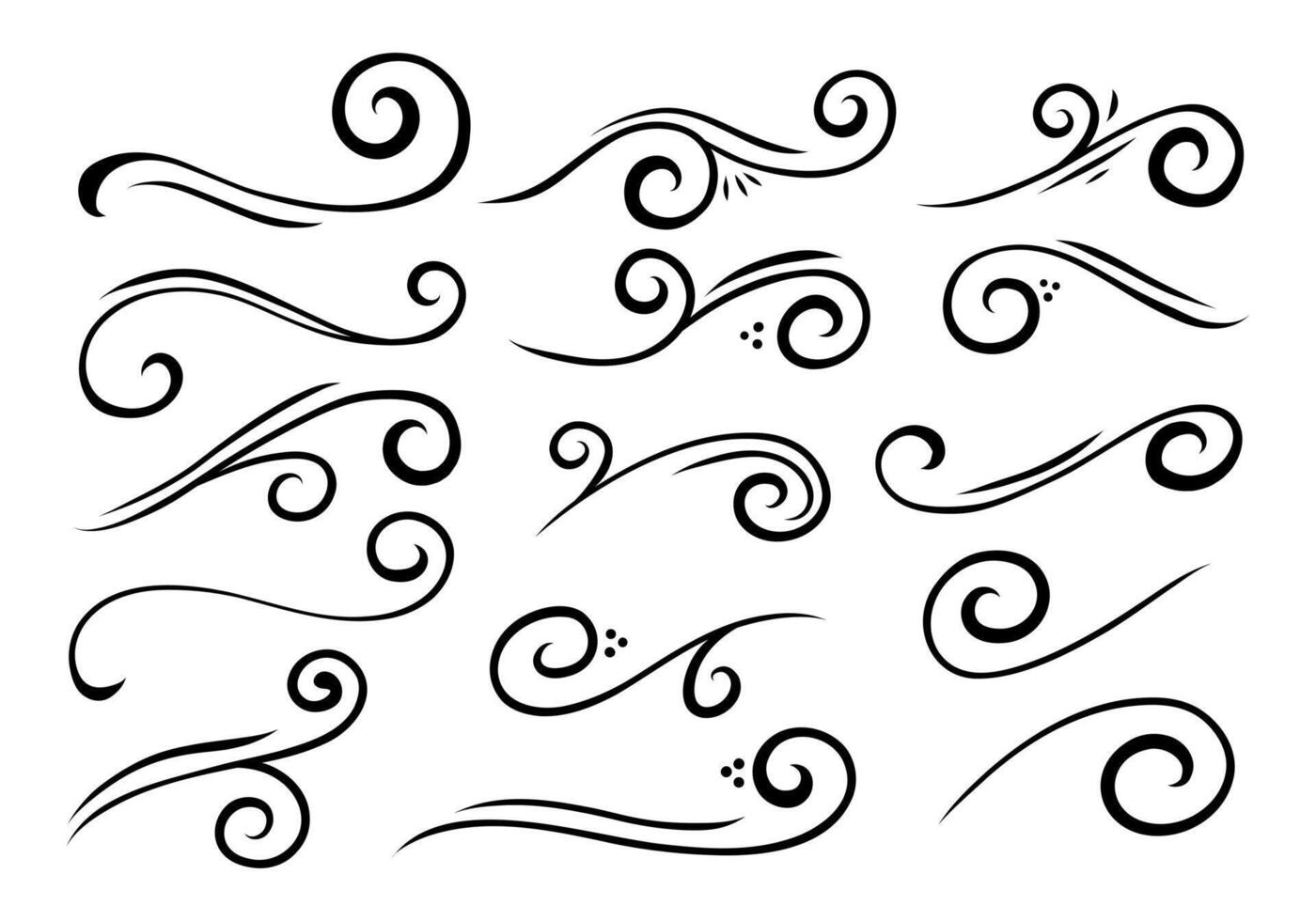 Hand Drawn Decorative Swirl Accent. A refined set of 15 hand drawn decorative accents featuring swirls strokes spiral curls in artistic style. Perfect for branding stickers packaging layout design vector
