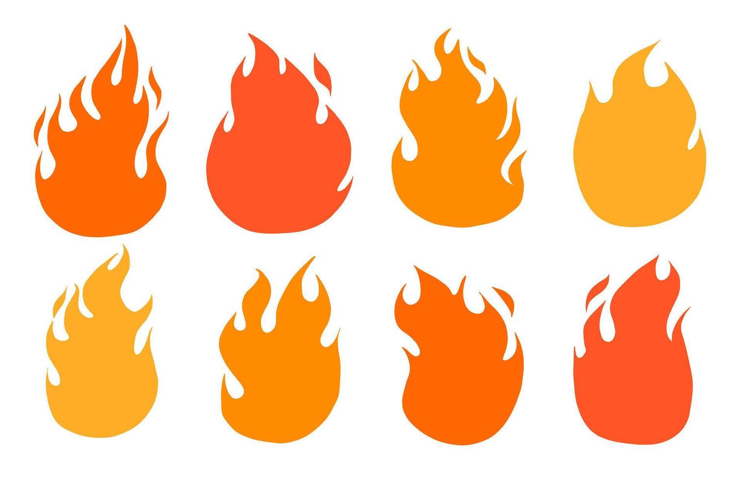 Flat Flame Silhouette Icon Collection. A bold collection of 8 flat flame silhouettes in vibrant red orange and yellow tones featuring smooth curves sharp flicks. Perfect for stickers heat visuals vector