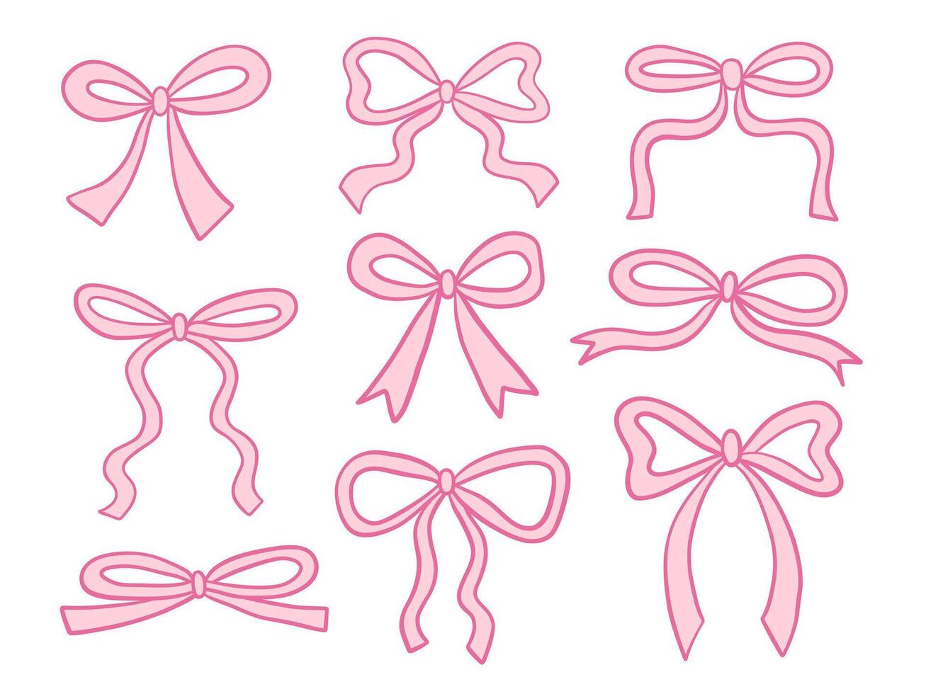 Line Art Ribbon Bow Element Collection. A delicate collection of pink ribbon bows in various loop styles including curls and classic ties. Perfect for girly decor festive packaging and fashion accents vector
