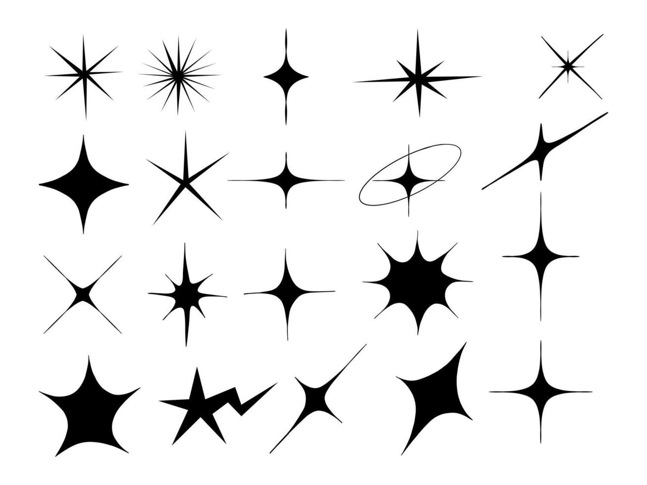 Line Art Sparkle And Starburst Accent. A dynamic collection of 20 hand drawn sparkle icons including starbursts line accents orbit shapes and abstract forms. Perfect for stickers branding posters vector