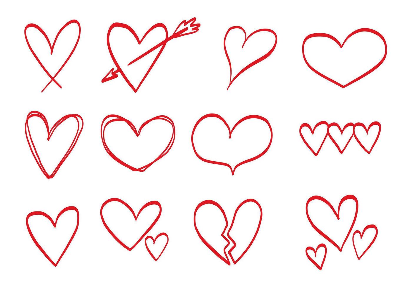 Playful Hand Drawn Heart Doodle Symbol. A charming collection of 12 hand drawn heart symbols including broken hearts, layered strokes, and romantic. Perfect for stickers and love themed visuals vector