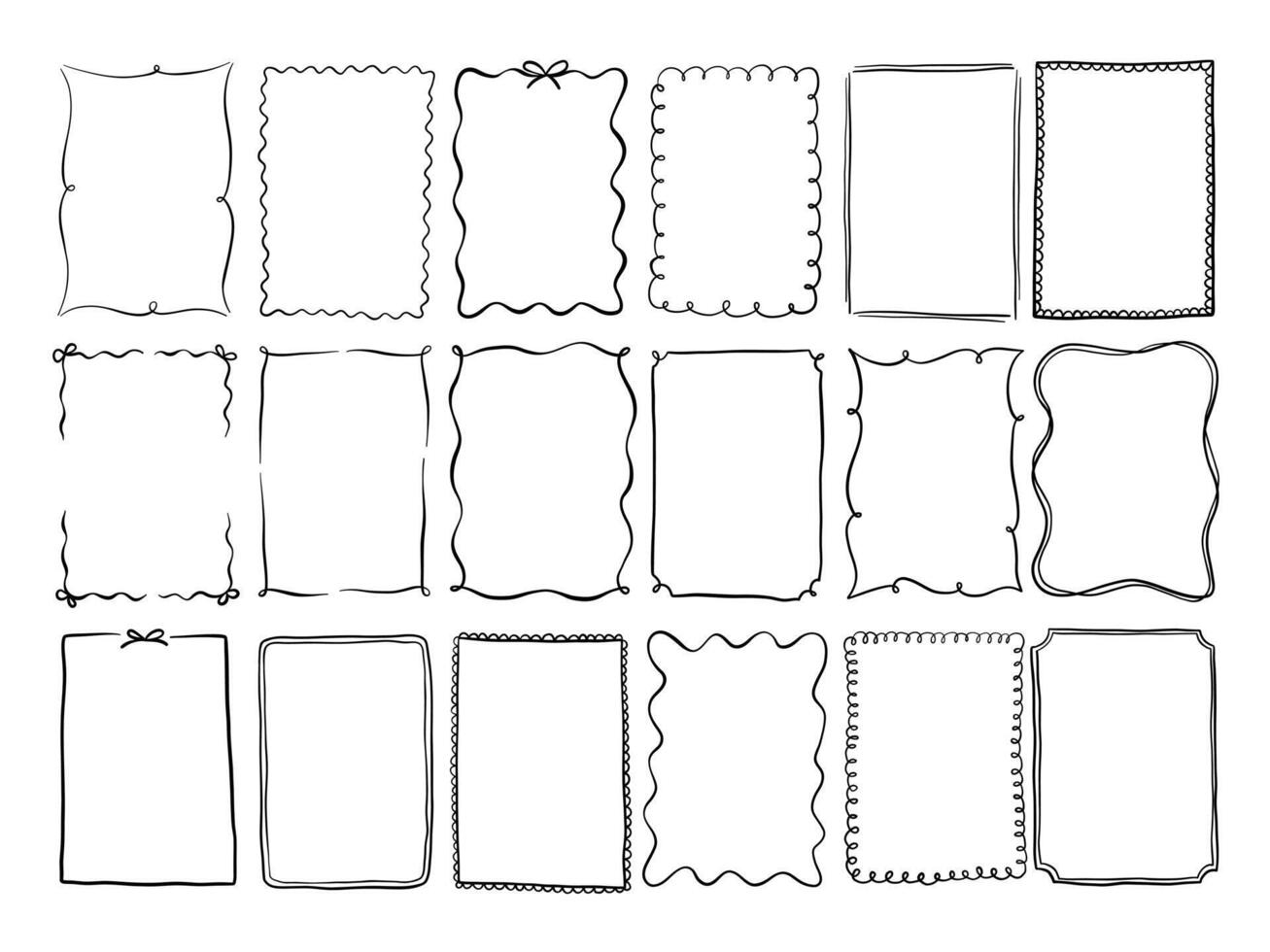 Hand Drawn Decorative Rectangle Frame. A complete set of 18 rectangle frames featuring scrolls scallops waves curls dots and minimal contours in various hand drawn styles. Perfect for layout packaging vector