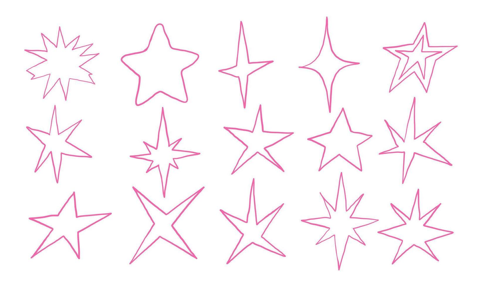 Line Art Star And Sparkle Shape. A vibrant collection of pink line art stars and sparkles featuring jagged bursts rounded points diamond icons. Perfect for pop visuals stickers and comic accents vector