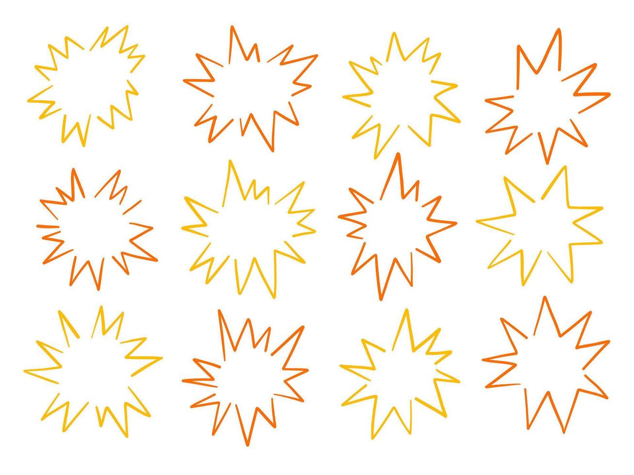 Hand Drawn Starburst Outline Icon. A bold collection of 12 starburst outline icons in orange and yellow hand drawn style with jagged expressive contours. Perfect for comics stickers highlights vector