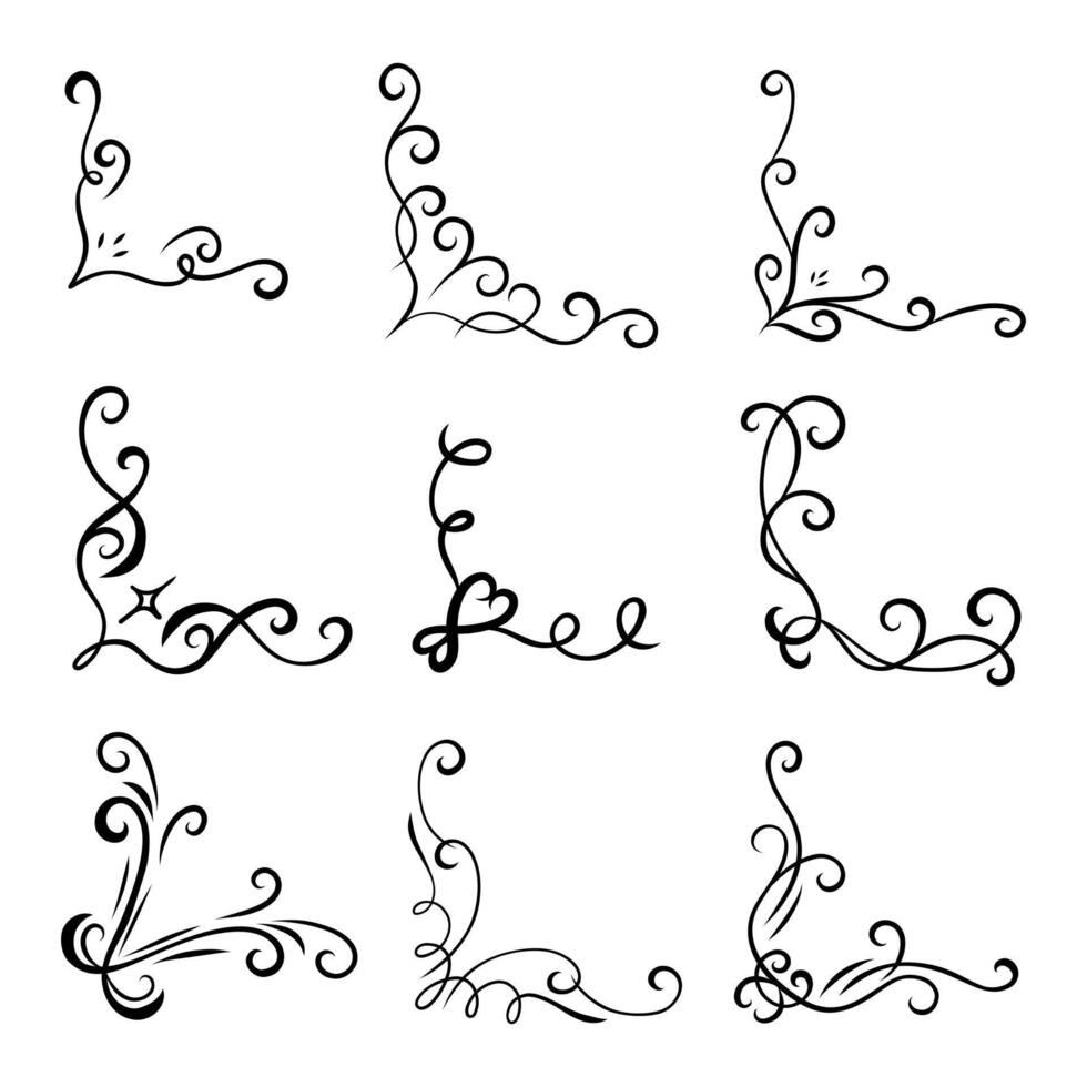Hand Drawn Swirl Scroll Corner Ornament. A refined collection of 9 hand drawn decorative corner ornaments featuring curls spirals flourishes leaves and artistic strokes. Perfect for layouts invitation vector