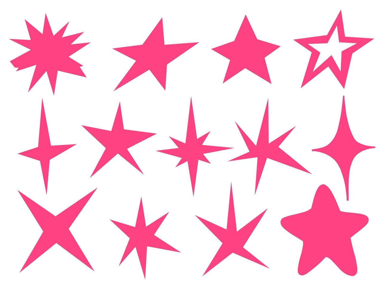 Bold Pink Star Silhouette and Icon. A striking set of 13 bold pink star silhouettes and abstract icons in various styles including classic, playful, and blobby. Perfect for stickers festive layouts vector