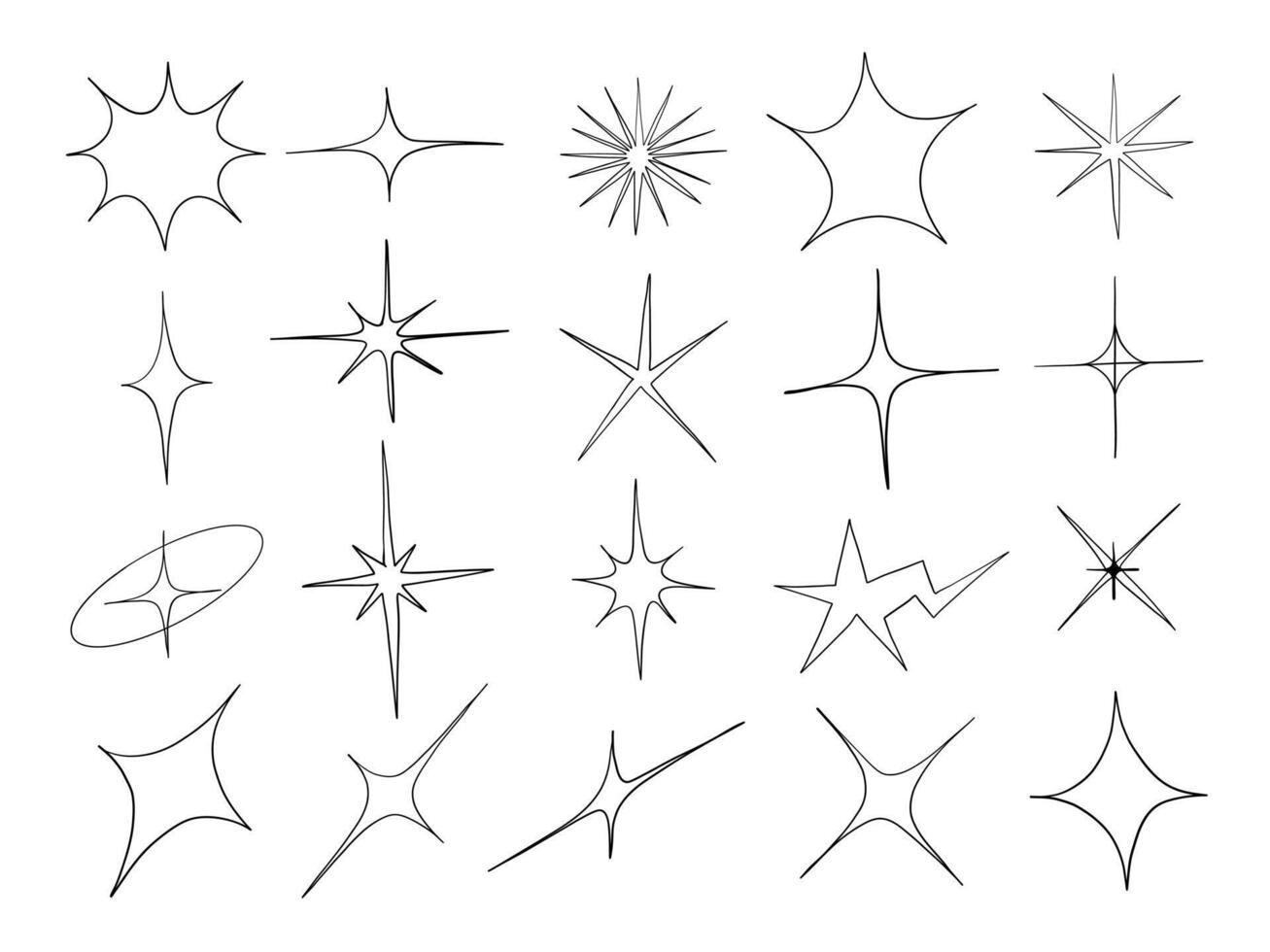 Line Art Sparkle And Starburst Element. A dynamic collection of abstract sparkle and starburst icons in thin black line art featuring glowing shapes pointed and edgy bursts. Perfect for pop graphics vector