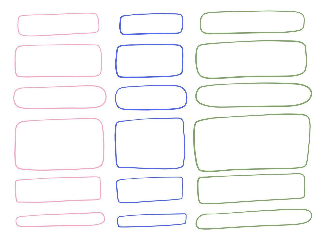 Line Art Rounded Rectangle Frame Shape. A clean collection of rounded rectangle frames in pink blue and green with soft edges sketch contour and minimal proportion. Perfect for UI design notes layouts vector