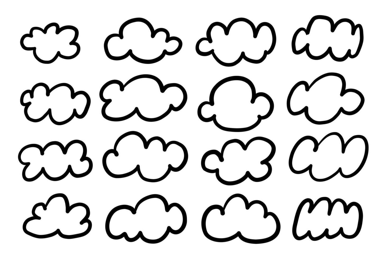 Bold Line Art Puffy Cloud Shape. A playful collection of cartoon style puffy cloud outlines with rounded thick contours and bold strokes. Perfect for weather icons kids graphics and whimsical decor vector