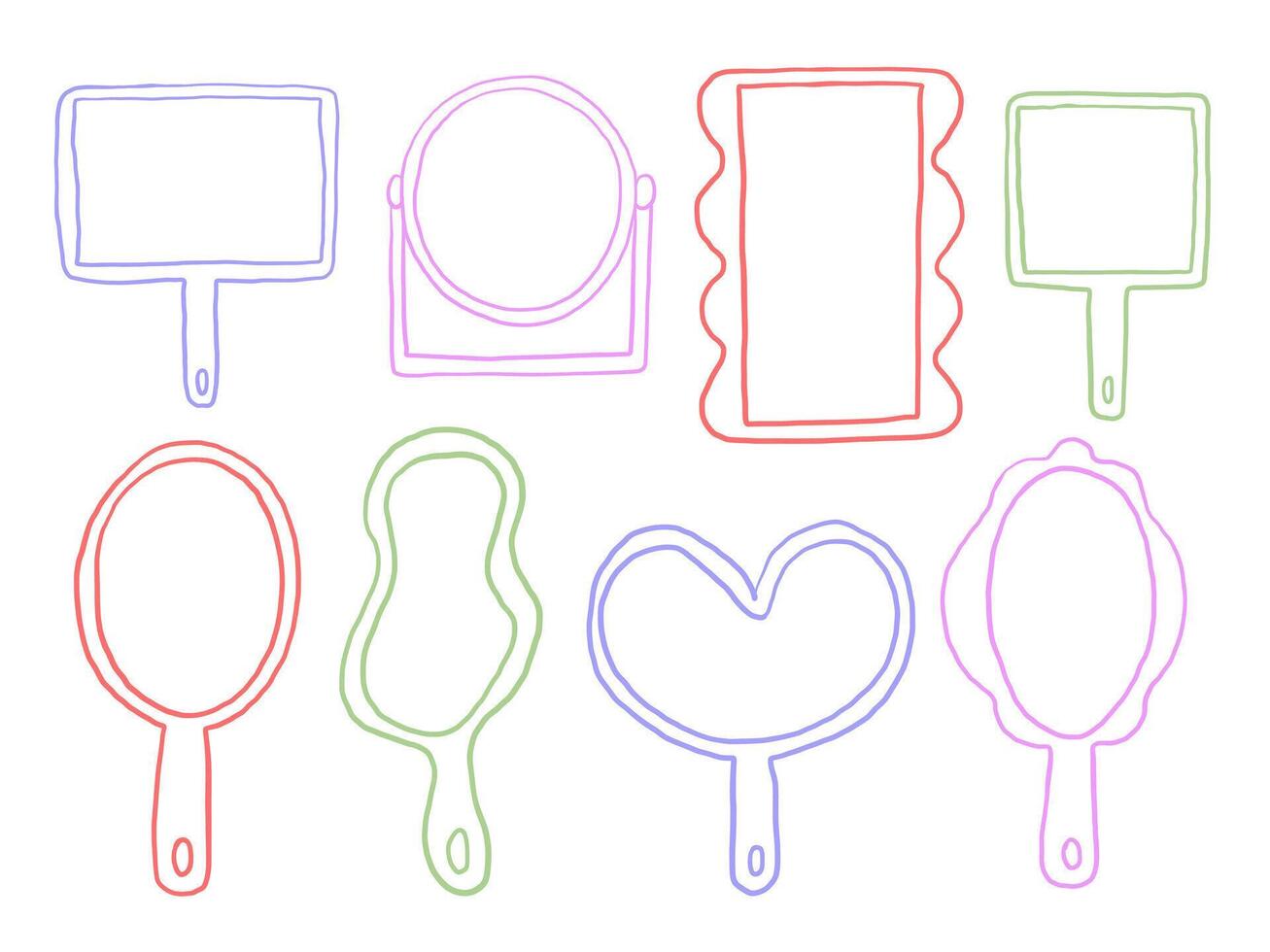Line Art Hand Mirror Frame Vanity Icon. A charming collection of hand mirror illustrations in unique shapes including oval and abstract frames. Perfect for beauty girly themes and skincare branding vector