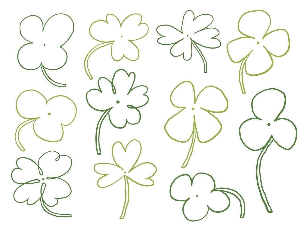 Line Art Clover Leaf Botanical Element. A collection of 11 clover leaf illustrations in clean line art style featuring three and four leaf forms with curved stems. Perfect for seasonal graphics vector