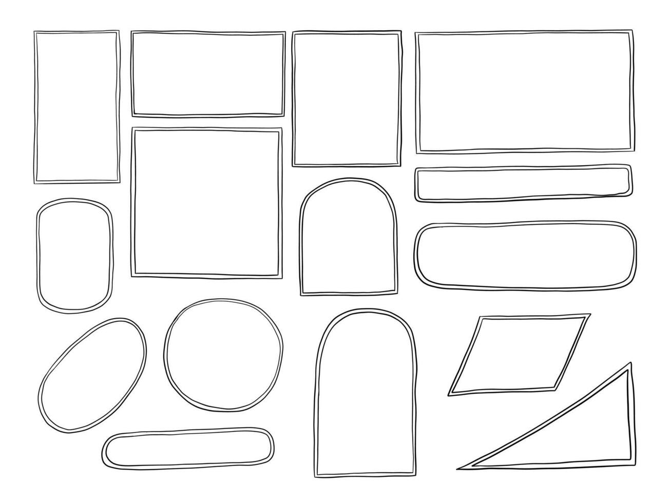 Hand Drawn Freeform Frame Shape. A complete collection of 15 hand drawn abstract frames including rectangles arches blobs bars triangles and more. Perfect for visual scrapbooking journaling layout vector
