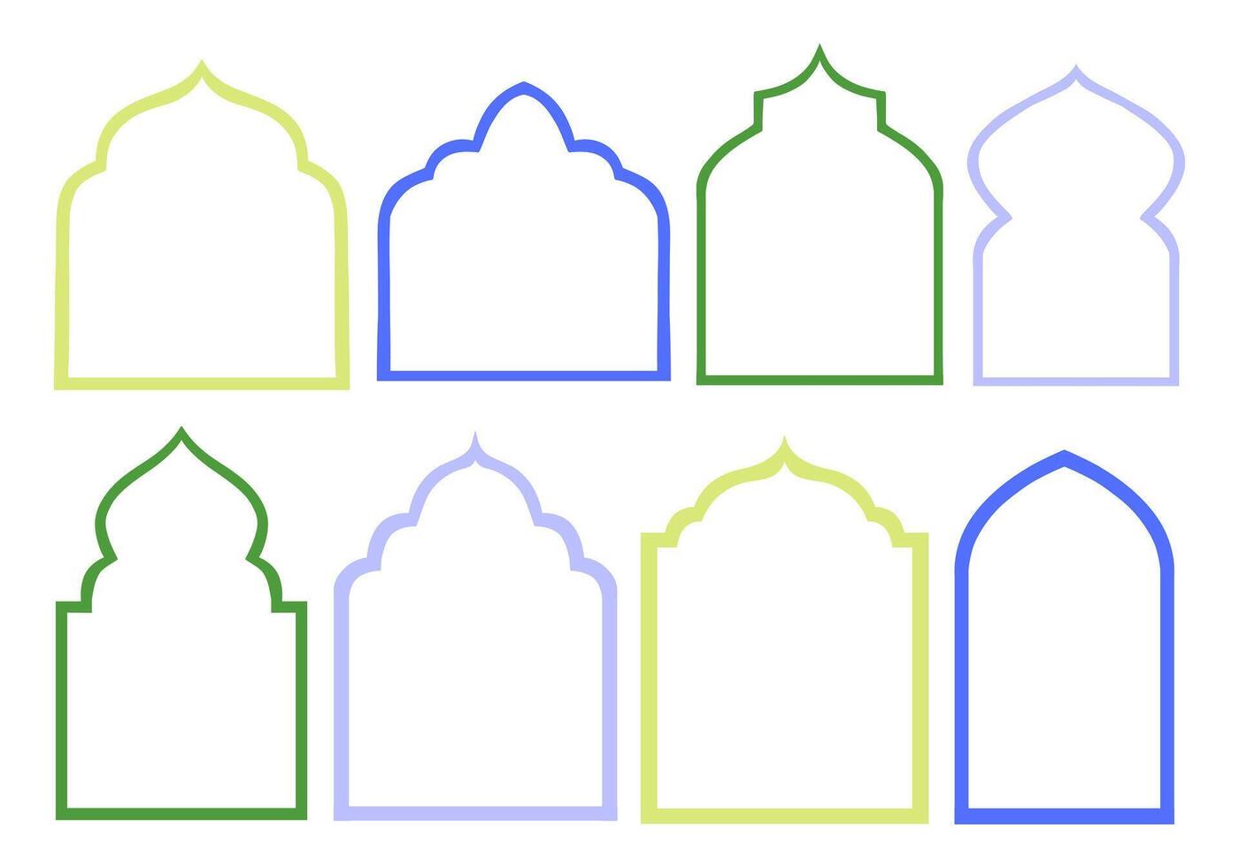 Islamic Arch Frame Outline Collection. A complete collection of decorative islamic arch frames featuring domes peaks and stepped motifs in clean line art. Perfect for posters template religious design vector