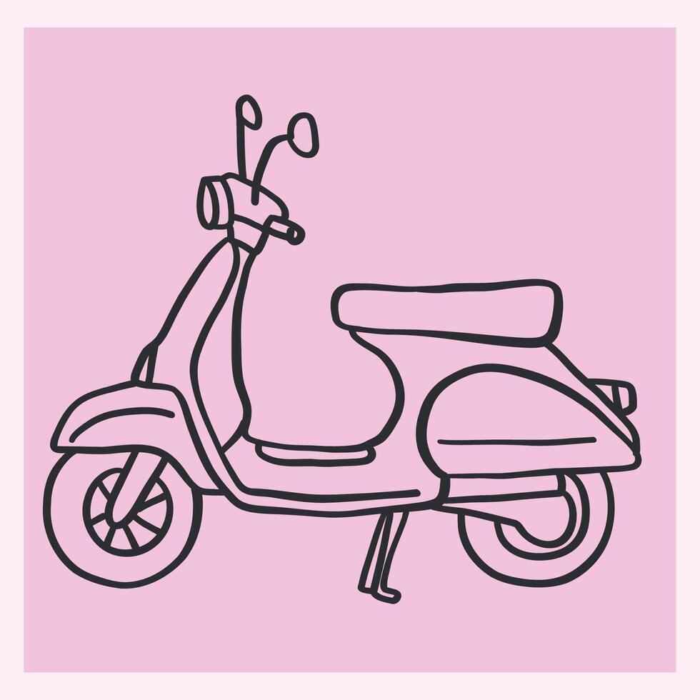 Line art illustration of a vintage motorcycle, doodle style, with simple lines and a retro aesthetic. Minimalist design vector
