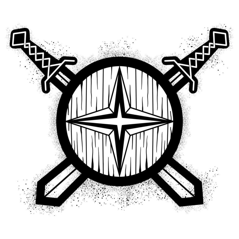 Viking shield with crossed swords hand drawn in black spray paint graffiti style vector