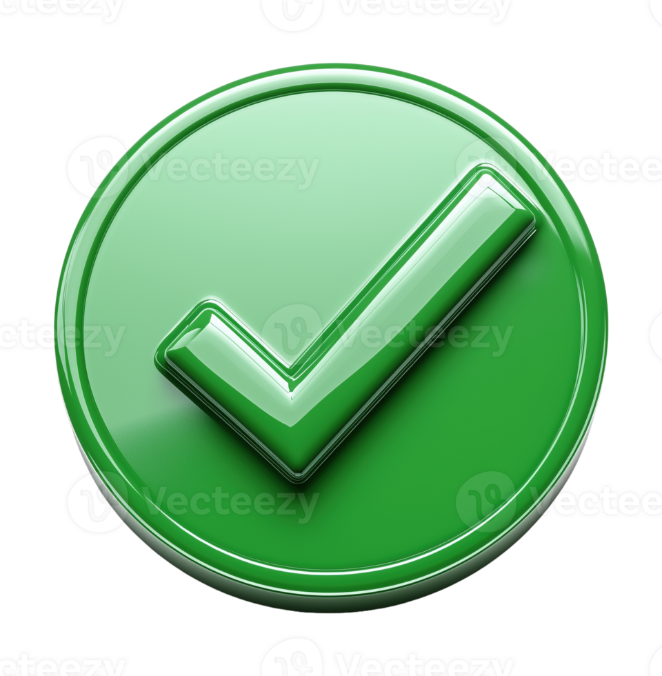 Glossy green checkmark icon circular transparent image. Check mark button isolated cutout 3d render. Confirmation positive. Approval validation cut out clipart design element png