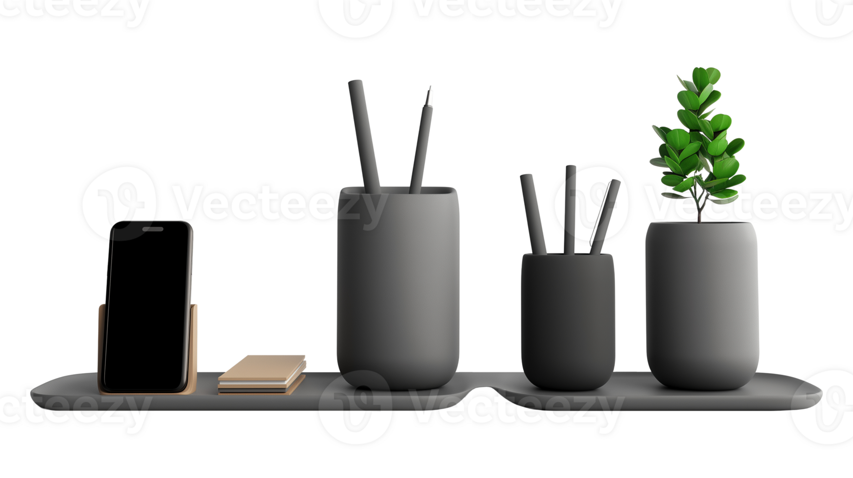 Minimalist desk organizer with smartphone and green plant image isolated transparent. Pen holder mobile phone cut out . Corporate stationary cutout element object photography png