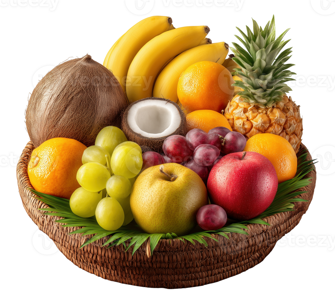 Woven basket filled with tropical and temperate fruits image isolated transparent. Bananas, grapes, oranges, apples, coconut, pineapple cut out . Exotic bounty cutout png