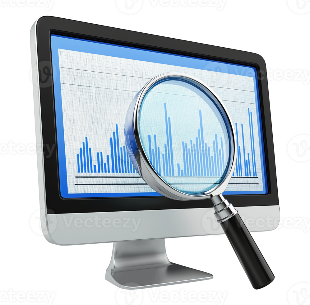 Magnifying glass analyzing data on computer monitor transparent image. Bar graphs analytics. Performance metrics isolated cutout 3d render. Digital research cut out clipart design png