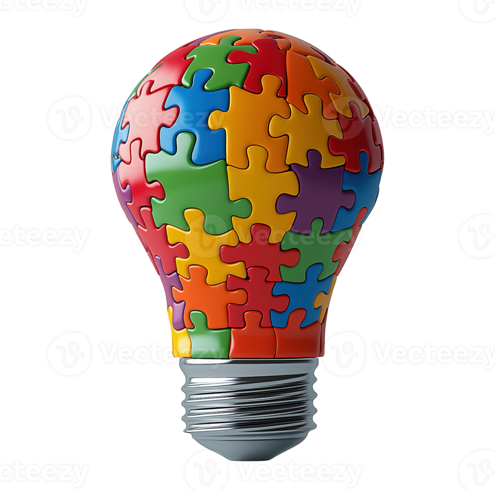 Light bulb made of multicolored puzzle pieces transparent image. Creative innovation, problem-solving isolated cutout 3d render. Collaborative thinking cut out clipart design element png