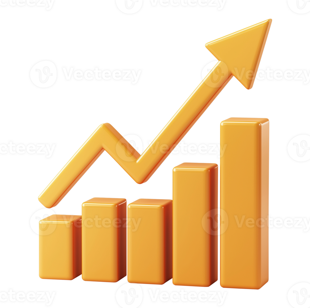 Orange bar chart with upward arrow transparent image. Profit increase barchart isolated cutout 3d render. Investment return. Analytics. Statistic rise cut out clipart design element png