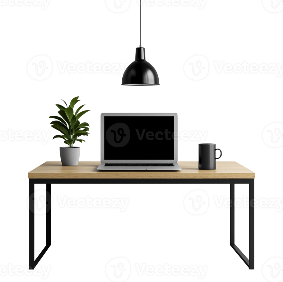 Minimalist desk setup with laptop, coffee mug, plant image isolated transparent. Hanging lamp over workstation table cut out . Notebook home office cutout object photography png