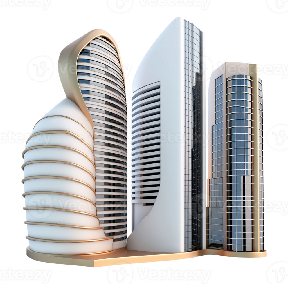 Futuristic skyscrapers with organic curves transparent image. Highrise innovation in urban architecture isolated cutout 3d render. Realty real estate cut out clipart design element png