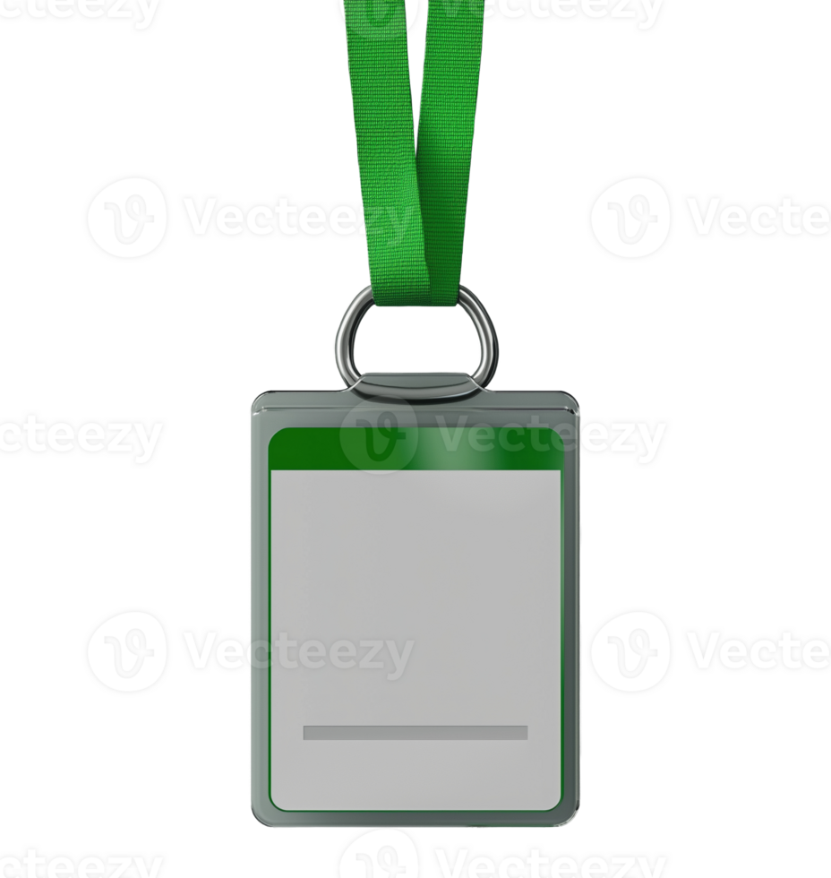 Blank ID badge with green lanyard image isolated transparent. Conference pass. Name tag. Plastic holder cut out . Office identification cutout element object photography png