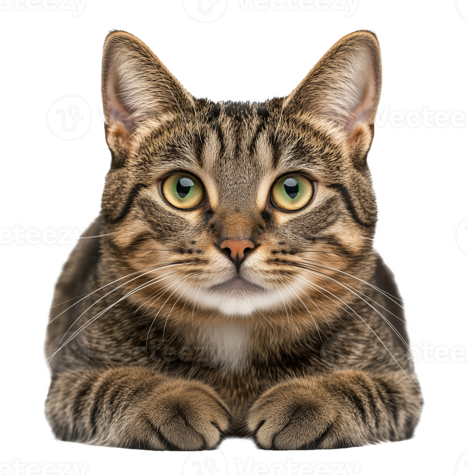 European shorthair cat lying down with front paws image isolated transparent. Feline yellow green eyes. Tabby kitty cut out . Pet felis catus domestic animal cutout photography png