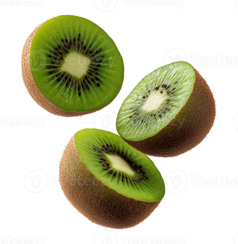 Fresh sliced kiwi halves image isolated transparent. Chinese gooseberry fruit kiwifruit cut out . Edible juicy berry with brown fuzzy skin cutout element object photography png