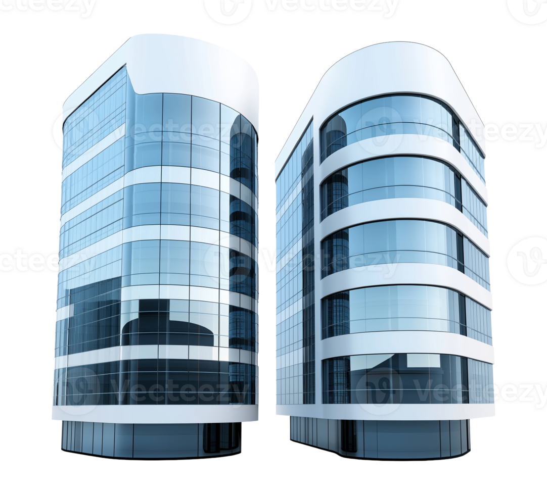 Two modern office buildings with curved architecture image isolated transparent. Reflective glass exteriors isolated cutouts 3d render. Realty real estate cut outs design collection png