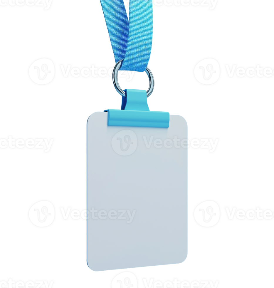 Empty ID badge with blue clip lanyard image isolated transparent. Vertical pass visitor. Identity holder cut out . Office identification cutout element object photography png