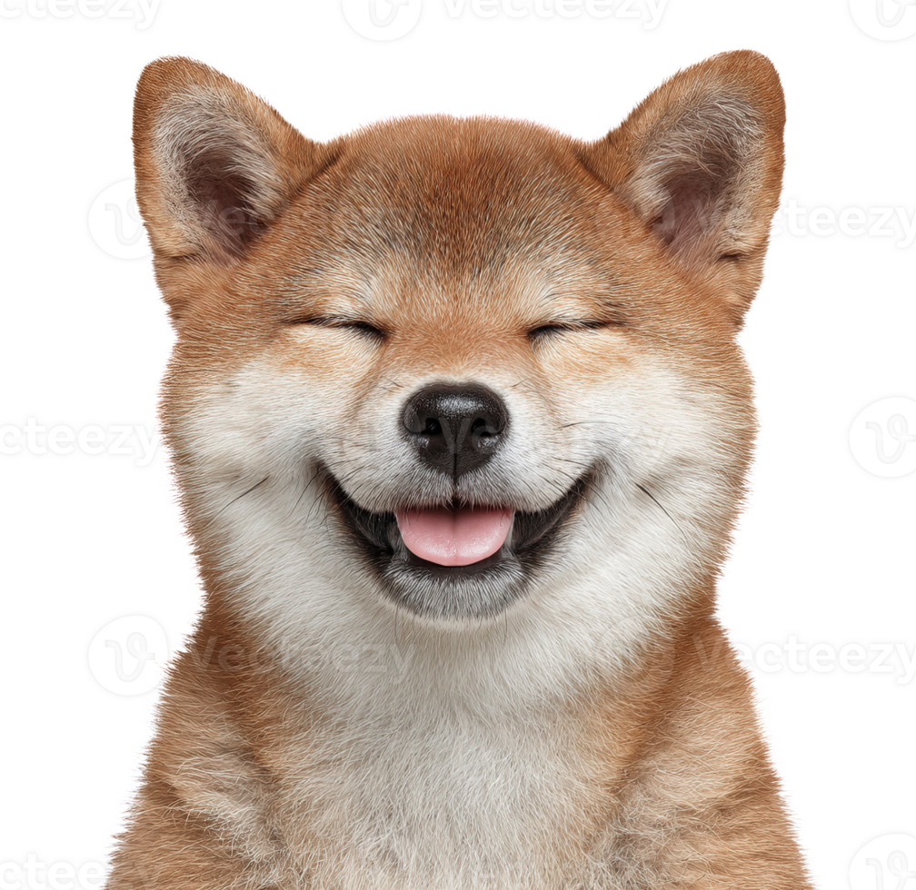 Smiling Shiba Inu doge with closed eyes image isolated transparent. Lovable japanese breed dog with tongue out cut out . Friendly pet asian domestic animal cutout photography png