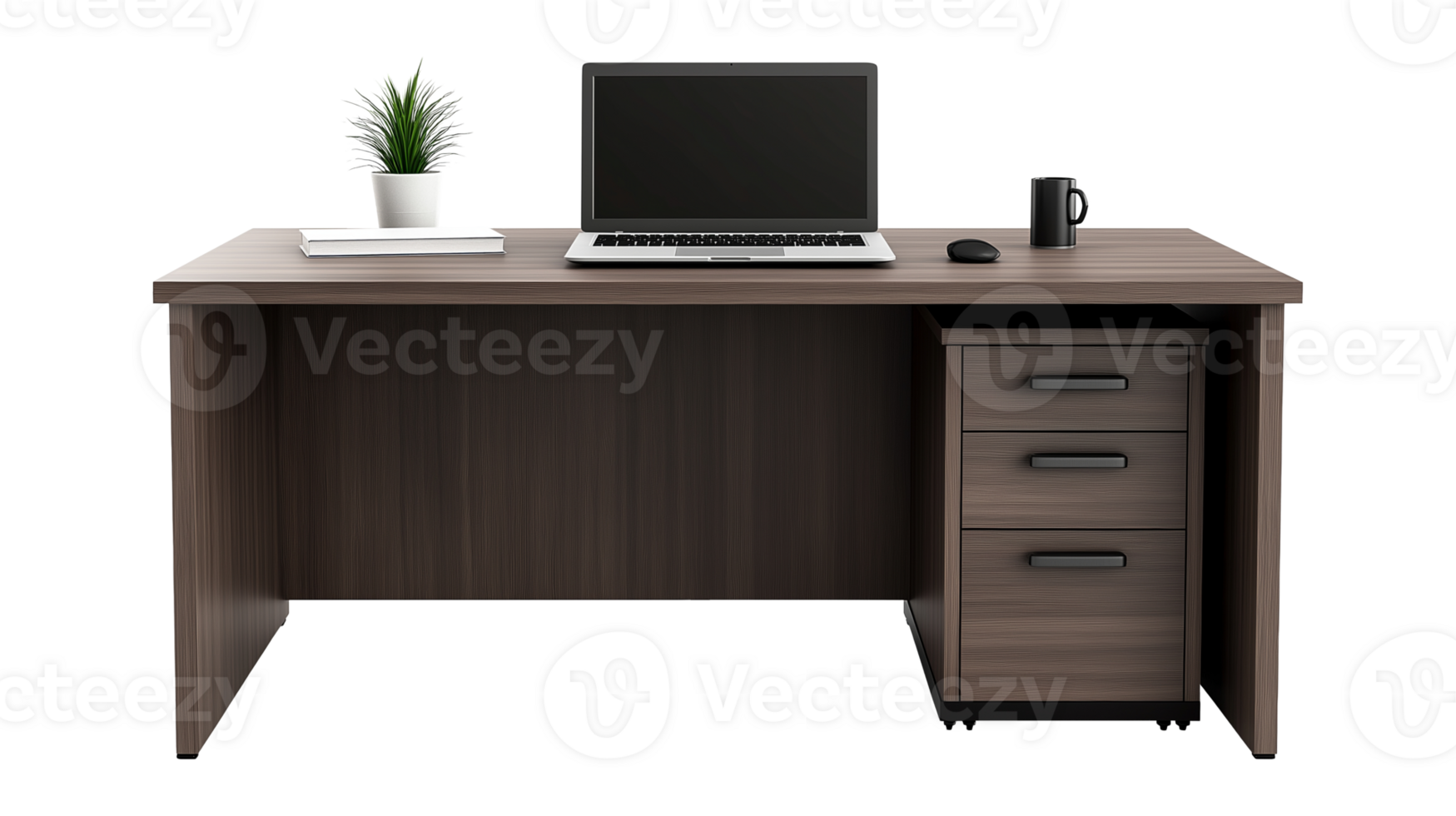 Woodgrain desk with laptop and storage drawers image isolated transparent. Workstation potted plant table cut out . Notebook home office cutout element object photography png