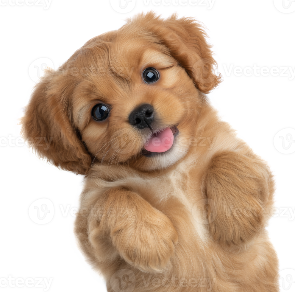 Playful fluffy golden retriever puppy with tongue out image isolated transparent. Adorable pup with bright eyes belly up cut out . Pet domestic animal cutout photography png