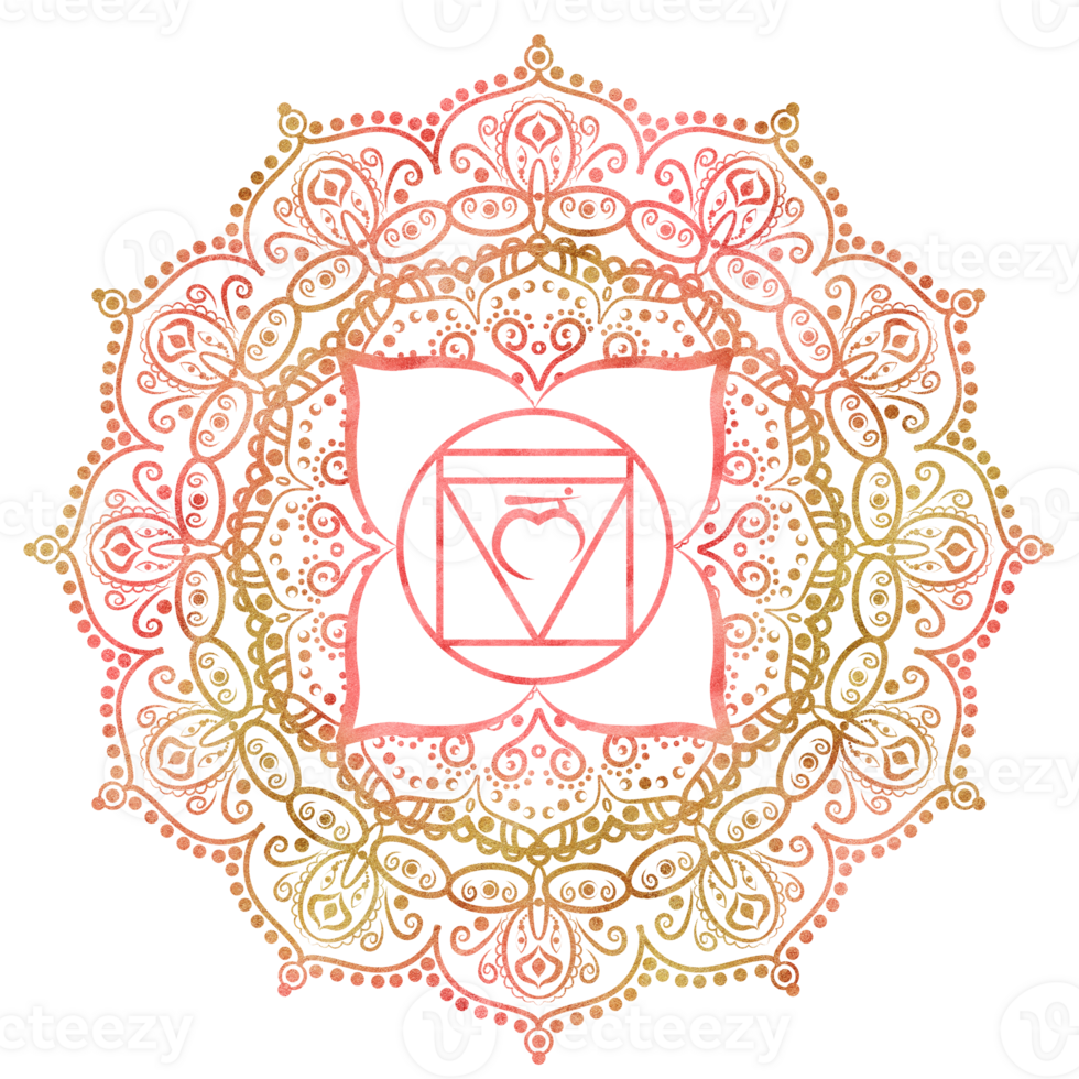 Root chakra Muladhara of golden red color with elegant mandala pattern and Sanskrit letters in the center. Energy balance. Hand-drawn watercolor illustration. Ethnic Indian pattern png