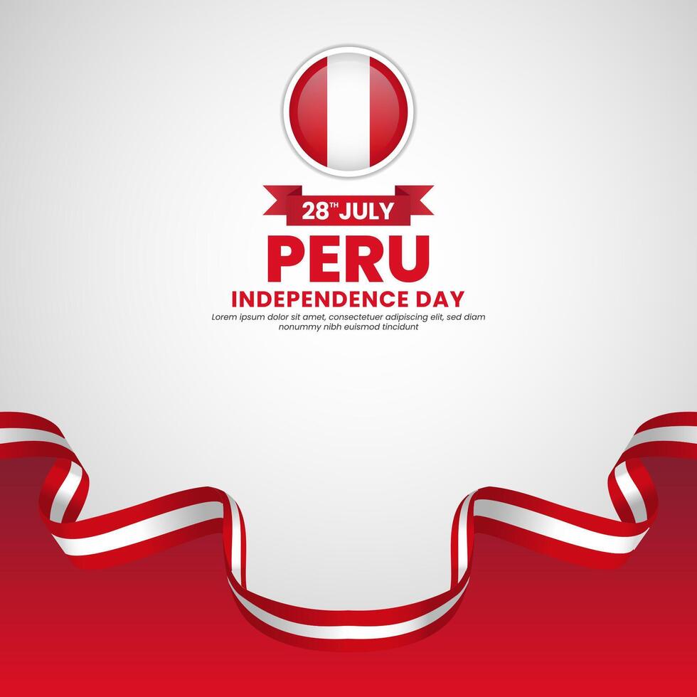 Peru independence day greeting card, square banner background with warving ribbon flag vector
