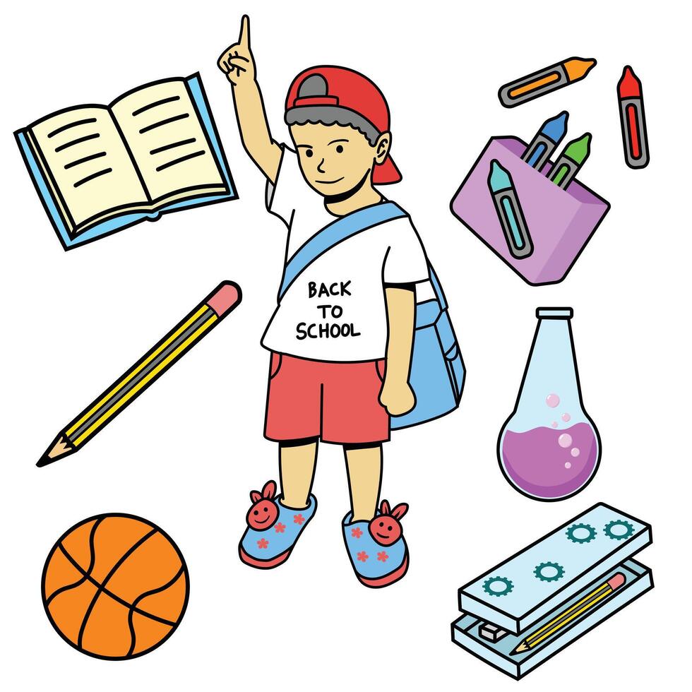 cartoon clip art with back to school theme in flat style, with various school supplies vector