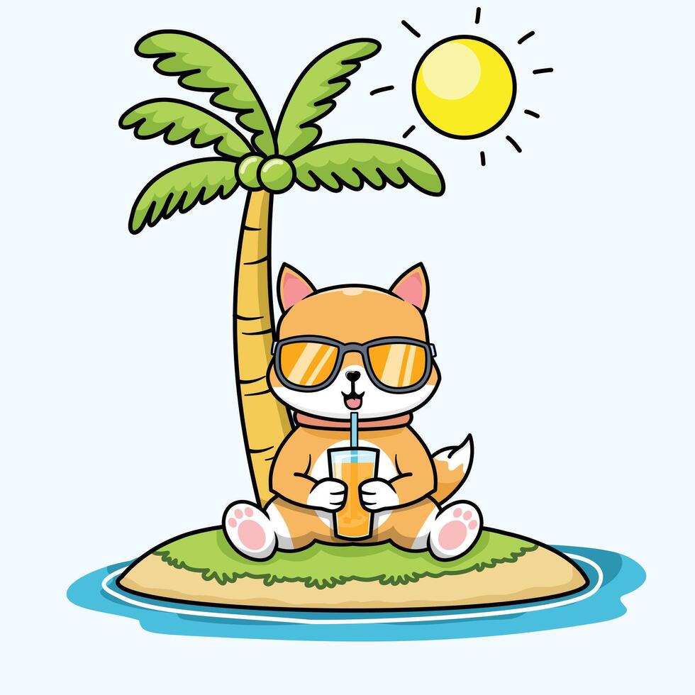 cute dog drinking orange juice under coconut tree, cartoon flat style, illustration for summer vector