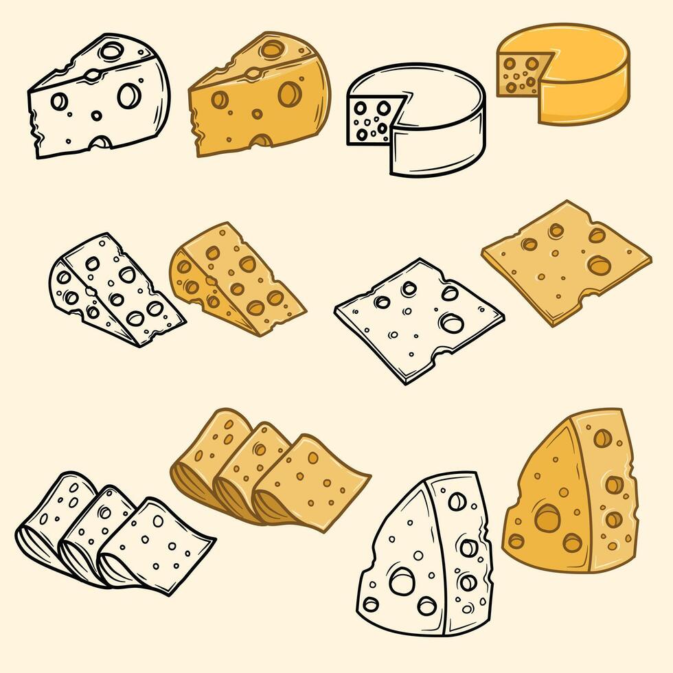 various shapes of cheese in hand drawn, clip art in flat style, food concept illustration vector
