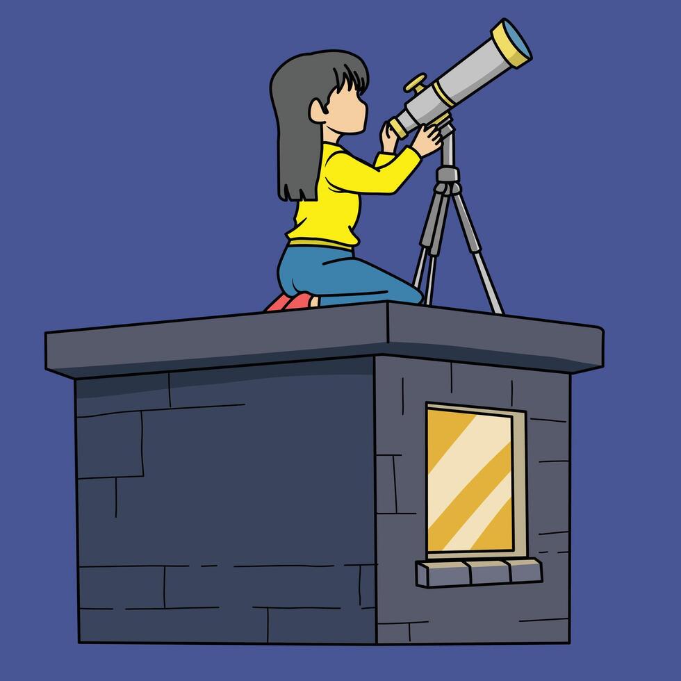 cartoon of a girl observing the sky with a telescope on the roof of a building, flat style cartoon. vector
