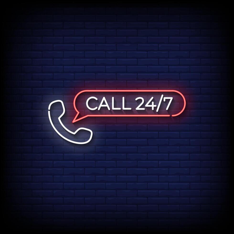 call 24 hours neon sign with brick wall background vector