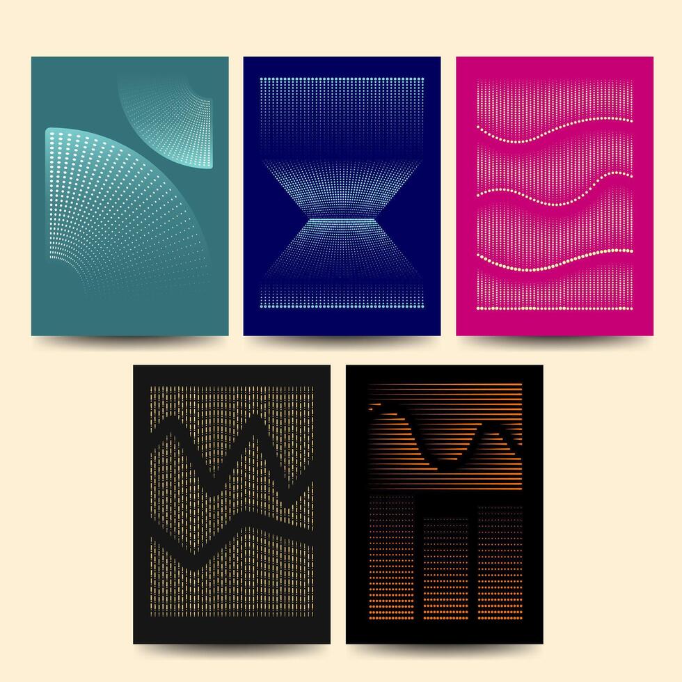 A set of abstract halftone posters featuring creative typography and gradient dot patterns. Ideal for modern wall art, prints, branding, or digital inspiration visuals. vector