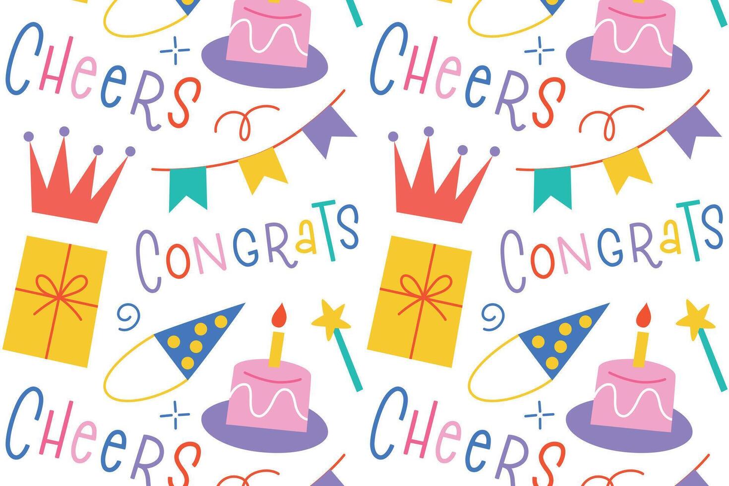 Seamless pattern with birthday icons and lettering cheers and congrats. Colorful design for party with flat cartoon gifts and cakes, celebration background, wrapping paper, kids event vector