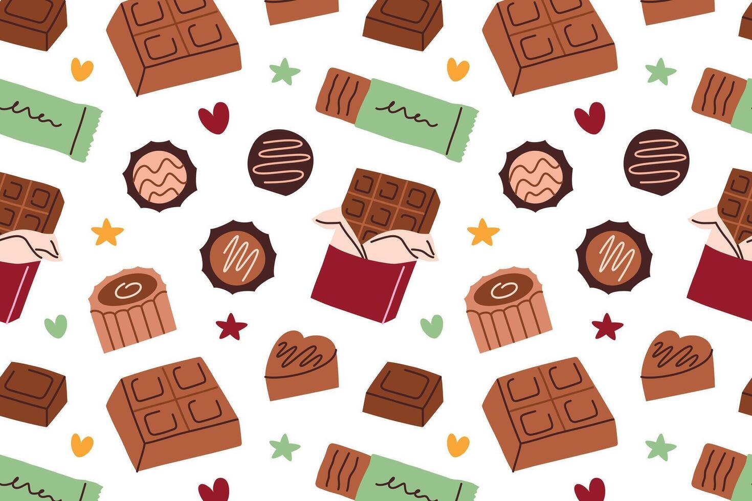 Seamless flat cartoon pattern with chocolate candies, bars and wrapped sweets in decorative shapes and glaze. Tasty dessert background for holidays, packaging, celebration, cozy festive design vector