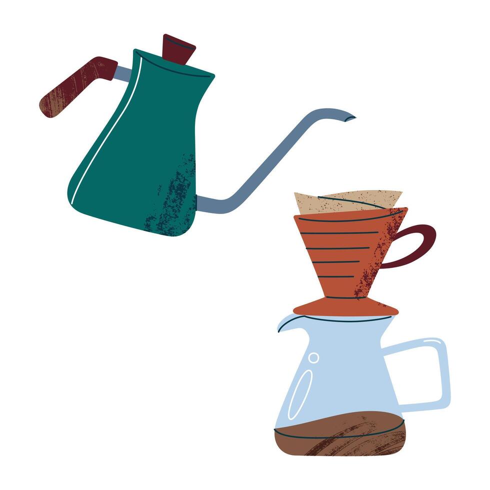 illustration of pour over coffee preparation. Hand brewing method with gooseneck kettle, glass carafe and dripper, flat cartoon icon for cafe, manual brewing and coffee culture themes vector